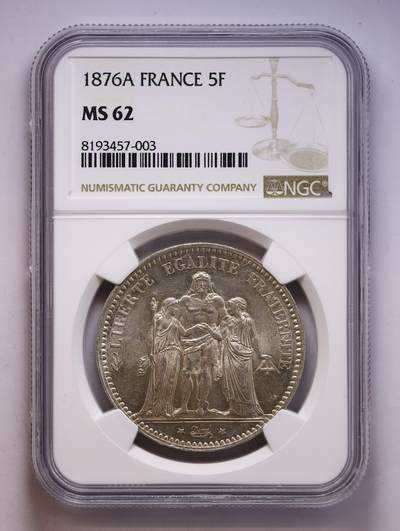 观钱 近现代机制币拍卖No.010（全场顺丰包邮，不区分偏远地区，本场5月5日开始发货）  - 1876A 法国第三共和国 5 法郎银币（大力神版），NGC MS62