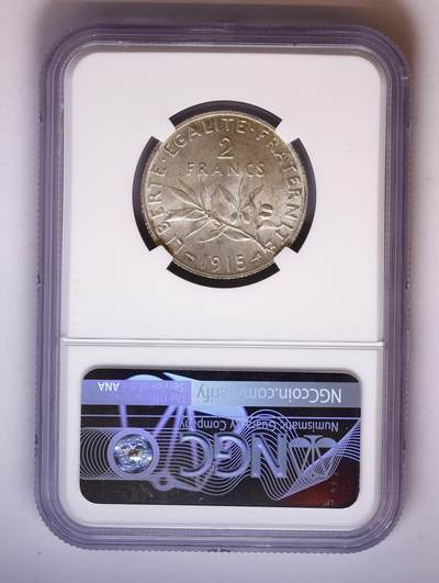 观钱 近现代机制币拍卖No.010（全场顺丰包邮，不区分偏远地区，本场5月5日开始发货）  1915 法国第三共和国 2 法郎银币（播种女神版），NGC MS63 底板光泽强烈，浮雕细节锐利