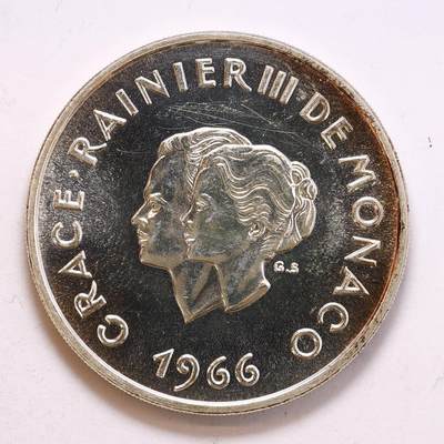 观钱 近现代机制币拍卖No.010（全场顺丰包邮，不区分偏远地区，本场5月5日开始发货）  - 1966摩纳哥格蕾丝王后与雷尼埃三世结婚十周年10法郎银币，重25g，900银。镜面底板，几乎全新