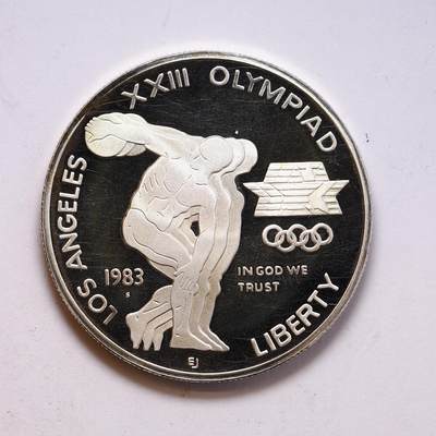 观钱 近现代机制币拍卖No.010（全场顺丰包邮，不区分偏远地区，本场5月5日开始发货）  - 1983-S 美国洛杉矶奥运会纪念精制 1 美元银币 26.73g 90%银 币面为精制工艺，镜面底板深邃，浮雕呈霜白效果，细节锐利，品相完好。