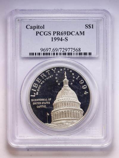 观钱 近现代机制币拍卖No.010（全场顺丰包邮，不区分偏远地区，本场5月5日开始发货）  1994-S 美国国会大厦 200 周年纪念精制 1 美元银币，PCGS PR69DCAM PCGS老盒，更具收藏价值，精致镜面工艺，边角及保护圈有磕，介意勿拍