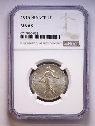 观钱 近现代机制币拍卖No.010（全场顺丰包邮，不区分偏远地区，本场5月5日开始发货）  - 1915 法国第三共和国 2 法郎银币（播种女神版），NGC MS63 底板光泽强烈，浮雕细节锐利