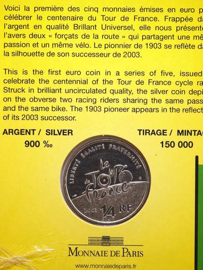 观钱 近现代机制币拍卖No.010（全场顺丰包邮，不区分偏远地区，本场5月5日开始发货）  2003法国环法自行车赛100周年1/4欧元卡币，重13g，900银。动感车手形象与百年赛事logo交相辉映，实际发行量7万枚，体育体裁必藏