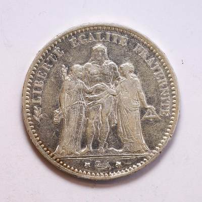 观钱 近现代机制币拍卖No.010（全场顺丰包邮，不区分偏远地区，本场5月5日开始发货）  1874法国大力神5法郎银币，重25g，900银。稀少年份，品质上乘，气势恢宏，法系必藏