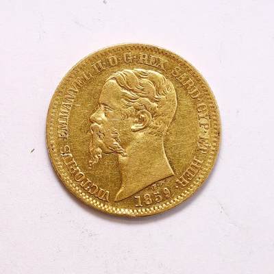 观钱 近现代机制币拍卖No.010（全场顺丰包邮，不区分偏远地区，本场5月5日开始发货）  - 1859意大利萨丁王国伊曼纽尔二世20里拉金币，重6.45g，900金。早期少见品种，细节刻画传神，意系必藏
