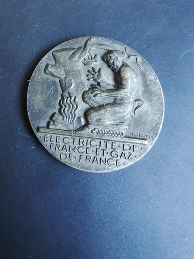 老王徽章第195期 - 法国电气公司镀银大铜章    大师Dropsy作品    直径54mm    重量71.3g