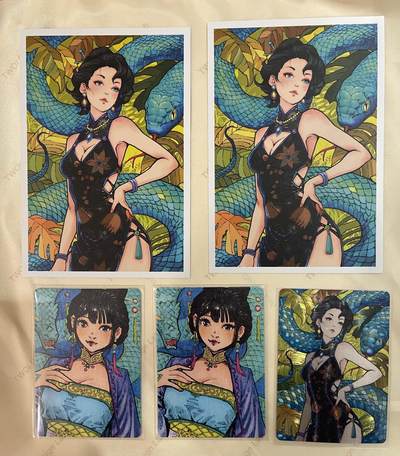 寸草不生 马年拍卖第四期 GOGOGO   小花瓣祖师爷特卡 乙巳蛇女郎 冷烫粗闪限编1（221/399），巳蛇手绘复刻2，明信片2