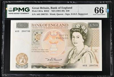 《艾美收藏》第242期-5.3周日假期外币黄金场 - 英国D序列1981年初版A冠50镑最高值PMG66E无4 D.H.F. Somerset签名 Pick#381a初版第一签名