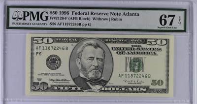 《艾美收藏》第242期-5.3周日假期外币黄金场 - 美国1996年大头版首发年份 AFB Block 50美元PMG67E唯一冠军分
