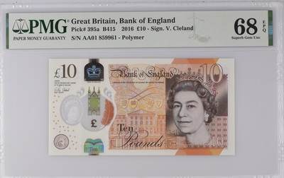 《艾美收藏》第242期-5.3周日假期外币黄金场 - 英国2016年首发AA01冠10镑PMG68E高分无347，10镑是该套最少一张，背面简奥斯汀《傲慢与偏见》 Pick#395a