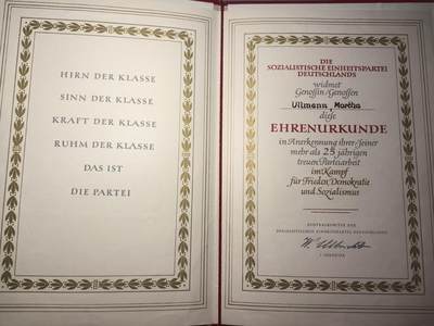 盛世勋华——号角文化勋章邮票专场拍卖第319期 东德统一社会党（SED）为党服务25年荣誉证书 授予一名女老党员