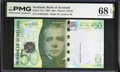 《艾美收藏》第242期-5.3周日假期外币黄金场 - 苏格兰2007年首发年初版首发AA冠50镑次高值PMG68E超高分少见千位1933号 更高分仅2张 欧洲历史小说之父 沃尔特·司各特 07年IBNS获奖钞 Pick#127a