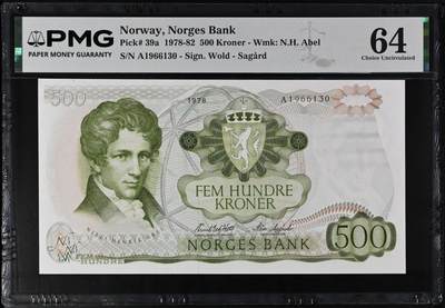 《艾美收藏》第242期-5.3周日假期外币黄金场 - 挪威1978首发年A1冠500克朗PMG64 原票品相好 大名誉品阿贝尔 挪威数学家 Pick#39a