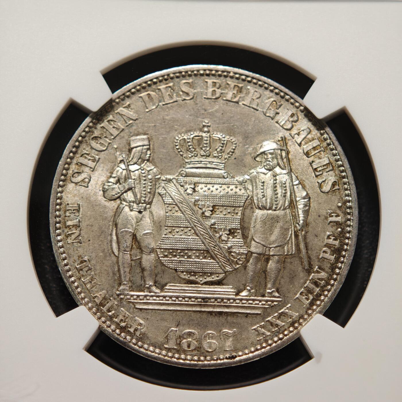 NGC MS64. 1867年德国萨克森矿业泰勒银币原味包浆品相状态一流- 德藏
