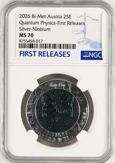 S&S Numismatic世界钱币-拍卖 第129期 - 奥地利2026年 量子物理 25欧元银+铌双色纪念币 盒证齐全 NGC MS70首期蓝标