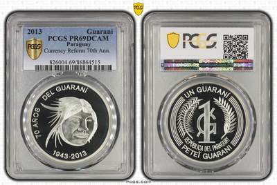 S&S Numismatic世界钱币-拍卖 第129期 - 巴拉圭2013年 货币改革70周年 1 瓜拉尼精制纪念银币 27克925银 PCGS PR69DCAM