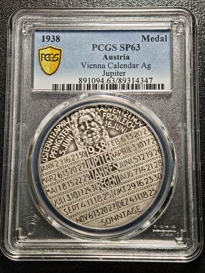 【德藏】世界币章拍卖第176期 - 日历主题藏家集藏系列之-PCGS SP63 1938年奥地利朱庇特年历主题纪念银章，朱庇特头像、月相节令与全年星期历法图案，维也纳日历主题纪念银章