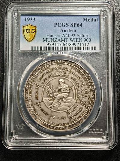 【德藏】世界币章拍卖第176期 - 日历主题藏家集藏系列之-PCGS SP64 1933年奥地利土星年历主题银章，目录版别Hauser-A4092，土星年度守护神与月相节令历法图案，维也纳造币厂日历主题纪念章