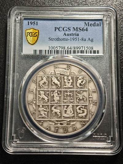 【德藏】世界币章拍卖第176期 - 日历主题藏家集藏系列之-PCGS MS64 1951年奥地利黄道十二宫年历主题纪念银章，目录版别Strothotte-1951-8a，十二星座、日月节令与全年星期历法图案，维也纳天文历法主题纪念银章
