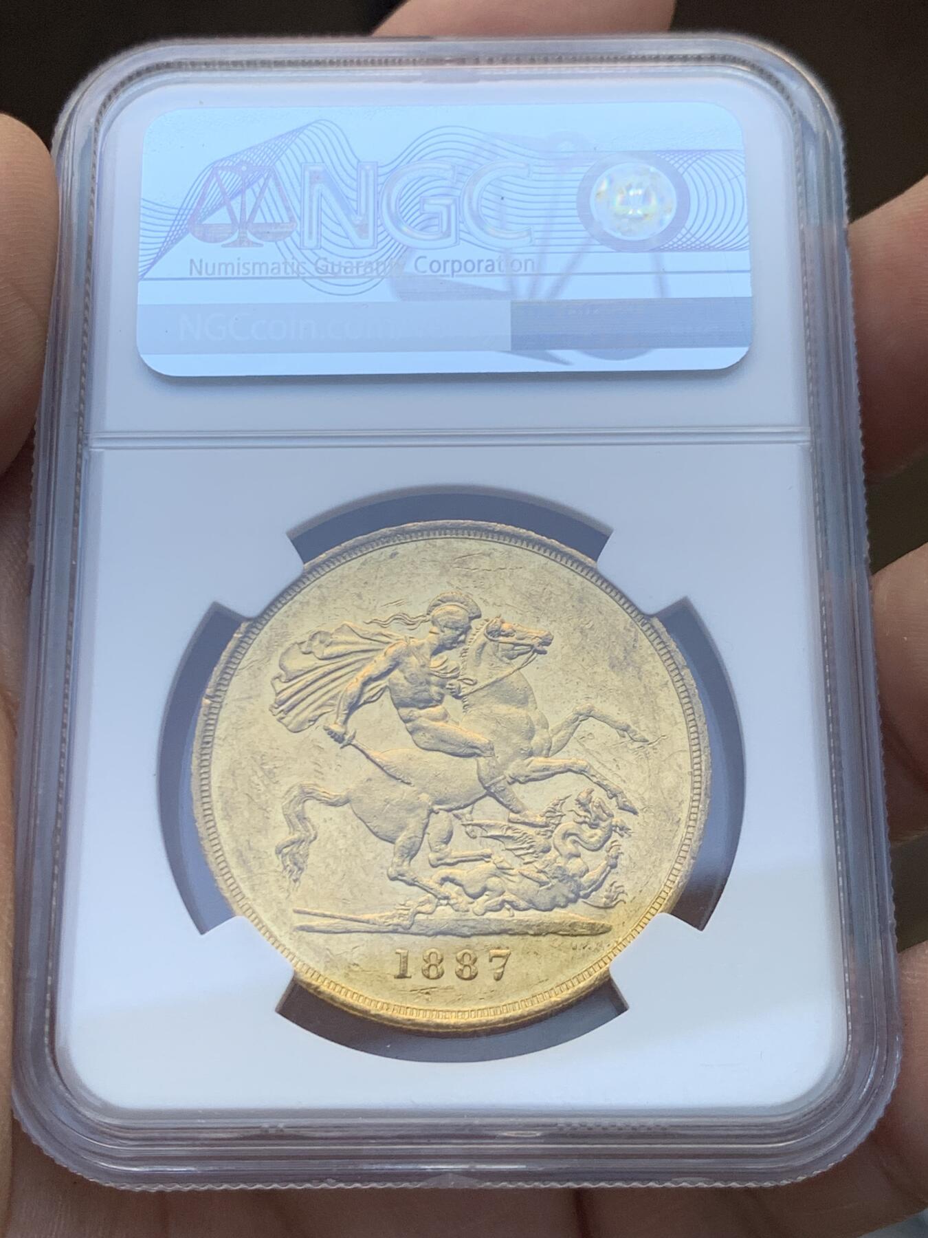 NGC MS60 英国1887年维多利亚高冠版5镑（5索维林）马剑打金币，币重
