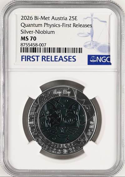 S&S Numismatic世界钱币-拍卖 第131期 - 奥地利2026年 量子物理 25欧元银+铌双色纪念币 盒证齐全 NGC MS70首期蓝标