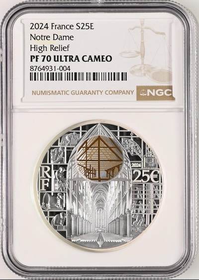 S&S Numismatic世界钱币-拍卖 第136期 - 获奖币*法国2024年浴火重生-巴黎圣母院重开芯片版 25欧元精制纪念银币 盒证齐全 NGC PF70UC冠军分