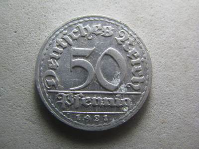 德国钱币 No.17 - 1921年D版 50芬尼 铝币