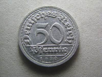 德国钱币 No.17 - 1920年D?版 50芬尼 铝币