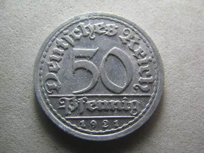 德国钱币 No.17 - 1921年F版 50芬尼 铝币
