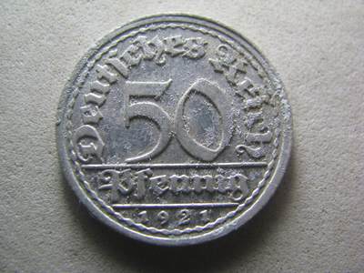 德国钱币 No.17 - 1921年J版 50芬尼 铝币