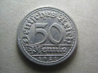 德国钱币 No.17 - 1921年F版 50芬尼 铝币