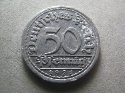 德国钱币 No.17 - 1921年F版 50芬尼 铝币