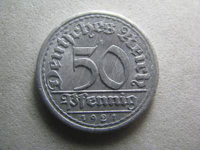 德国钱币 No.17 - 1921年E版 50芬尼 铝币