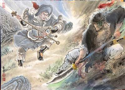 白泽拍卖卡牌手绘专场第40期（神龙十万开鳞甲，送遍人间夜雨声） - 2026 卢艺丰&壹泡 双绘手绘画 林冲vs杨志 卢艺丰壹泡双签 近A3尺寸