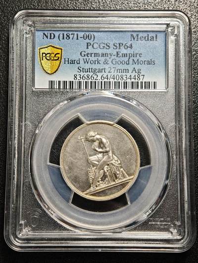 【德藏】世界币章拍卖第180期 - PCGS SP64 德国斯图加特皇家威廉实科学校“勤勉与品行”纪念银章，27mm，古典学者读书图与桂冠铭文，包浆柔和，细节完整