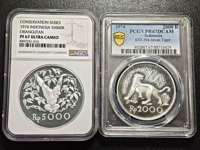 【德藏】世界币章拍卖第180期 - NGC PF67 UCAM/PCGS PR67DCAM【印尼保护系列】1974年印度尼西亚5000卢比猩猩与2000卢比爪哇虎精制银币一组2枚，爪哇虎目录版别KM-39a，镜面底板，图文霜化