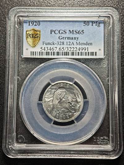 【德藏】世界币章拍卖第180期 - PCGS MS65 1920年德国门登洞熊50芬尼铁币，目录版别Funck-328.12A，冠军分，难得无锈，高分原始光泽，保存好
