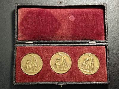 【德藏】世界币章拍卖第181期 - 德国1923年通货膨胀时期“德意志民众苦难之路”纪念铜章3枚套章原盒，单枚直径约：31.7mm，重量约：10g，物价飞涨铭文与人物寓意图案，原盒保存，浮雕层次清晰