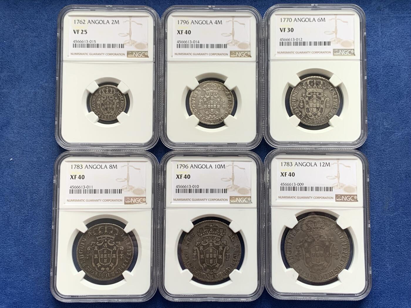 银币6枚套NGC VF25-XF40 葡属安哥拉1762-1796年2-12马库塔银币一套配齐