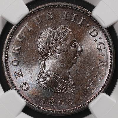 修遠堂世界钱币第204期 - NGC MS62BN 1806年英国1/2便士铜币，SOHO厂经典作品