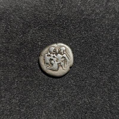 大象古币古希腊古罗马打制钱币专场第八季 - 古希腊色雷斯 萨索斯岛森林之神萨提尔强抱宁芙小仙女 古风时期1德拉克马情爱主题银币