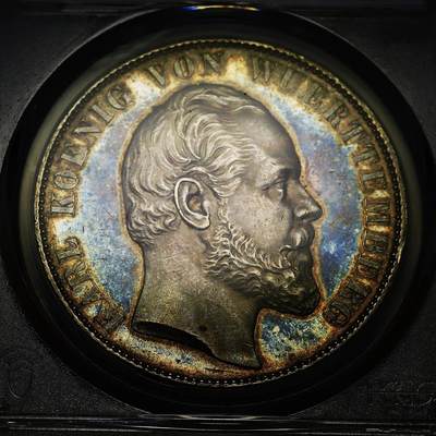 观钱 近现代机制币拍卖No.018（全场顺丰包邮，不区分偏远地区）  - 1871年符腾堡乌尔姆大教堂2泰勒银币（PCGS MS61） 紫罗兰老五彩包浆，类镜面底板，状态十分出彩的一枚大教堂