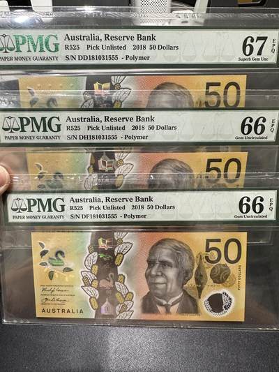 《外钞收藏家》第六百五十八期（超200件大拍场）（长期征集拍品、欢迎藏友们联系合作）——本期品种丰富、欢迎选购 - 2018年澳大利亚50元 3张 无47 全同号 豹子号555 PMG66、67