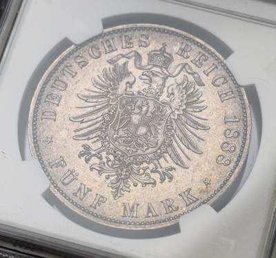 NGC-MS62 1888德国普鲁士三皇年弗雷德里希三世流通短翅5马克银币 短翅马克的经典之作，打制锋利厚重黑五彩包浆极美