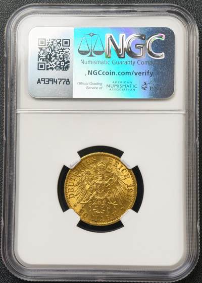 NGC-MS63 1913德国普鲁士威廉二世军装20马克金币 全身打，黄金转光高点俱佳 7.96g 900金 5月ha拍出成交价1525美元