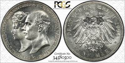 PCGS-MS64 德国1904梅克伦堡什未林皇家大婚纪念5马克，不多见的品种