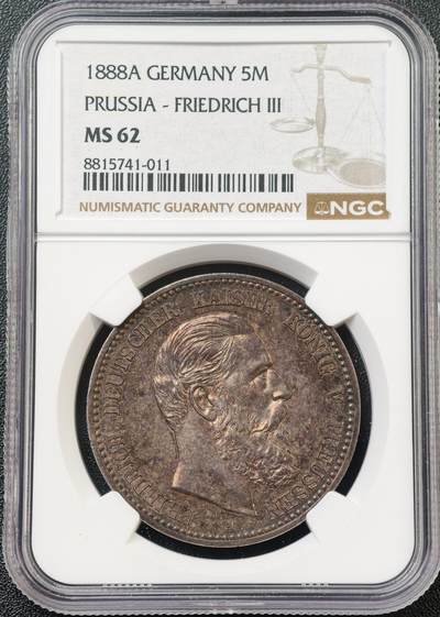 NGC-MS62 1888德国普鲁士三皇年弗雷德里希三世流通短翅5马克银币 短翅马克的经典之作，打制锋利厚重黑五彩包浆极美