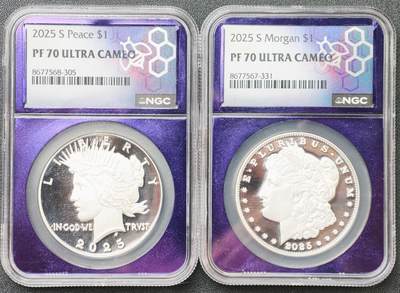 NGC-PF70 ULTRA CAMEO 美国2025年S厂和平、摩根2枚一组，Bee Hive Pedigree Label蜜蜂风潮私人系谱标，紫色内衬是美国顶级藏家专属定制内衬