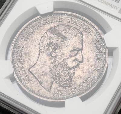 NGC-MS62 1888德国普鲁士三皇年弗雷德里希三世流通短翅5马克银币 短翅马克的经典之作，打制锋利厚重黑五彩包浆极美