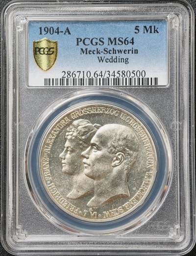 PCGS-MS64 德国1904梅克伦堡什未林皇家大婚纪念5马克，不多见的品种
